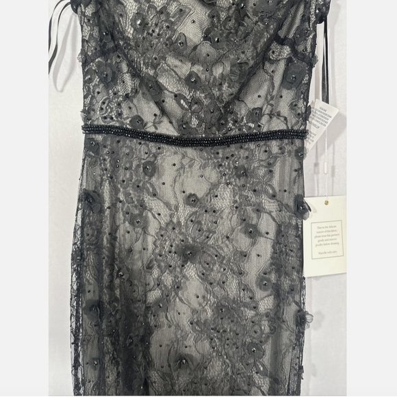 NEW $598 Mac Duggal [ 4 ] Floral Appliqué Boat Neck Short Sleeve Gown Black Q546 - Picture 4 of 16